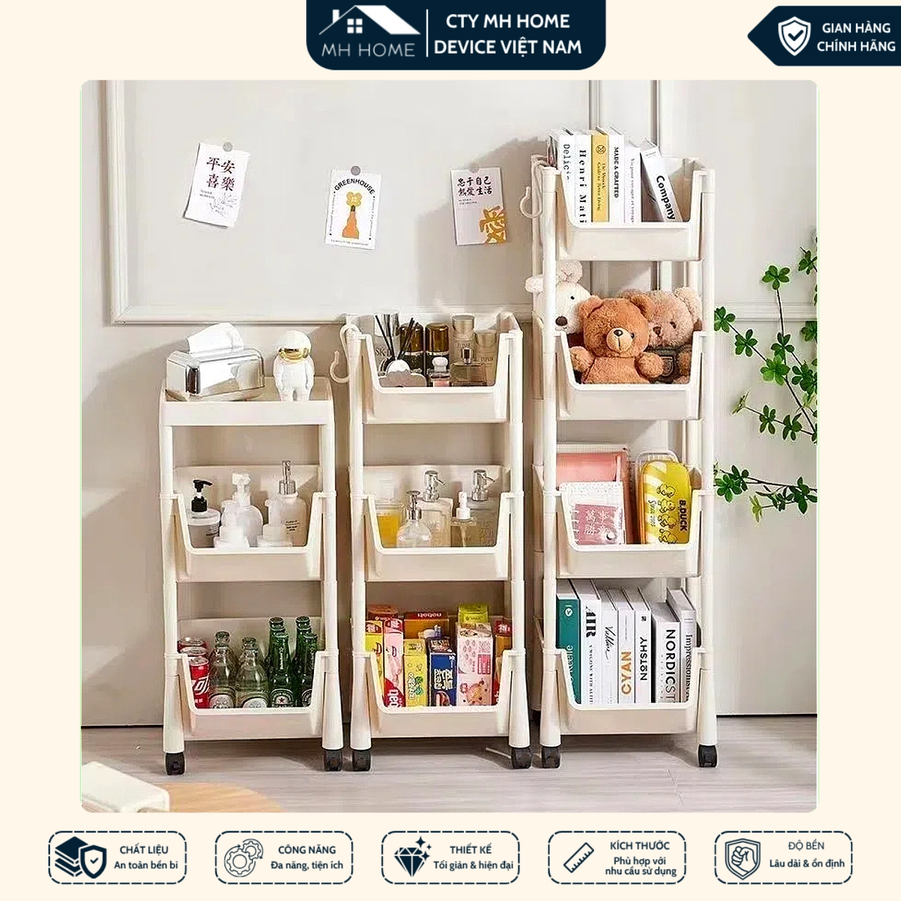 Kệ Sách Nhựa 4 Tầng Đa Năng Có Bánh Xe Khóa Tiện Lợi - Kệ Đựng Đồ Đồ Chơi Nhà Bếp Khay Rổ Thông Minh MH
